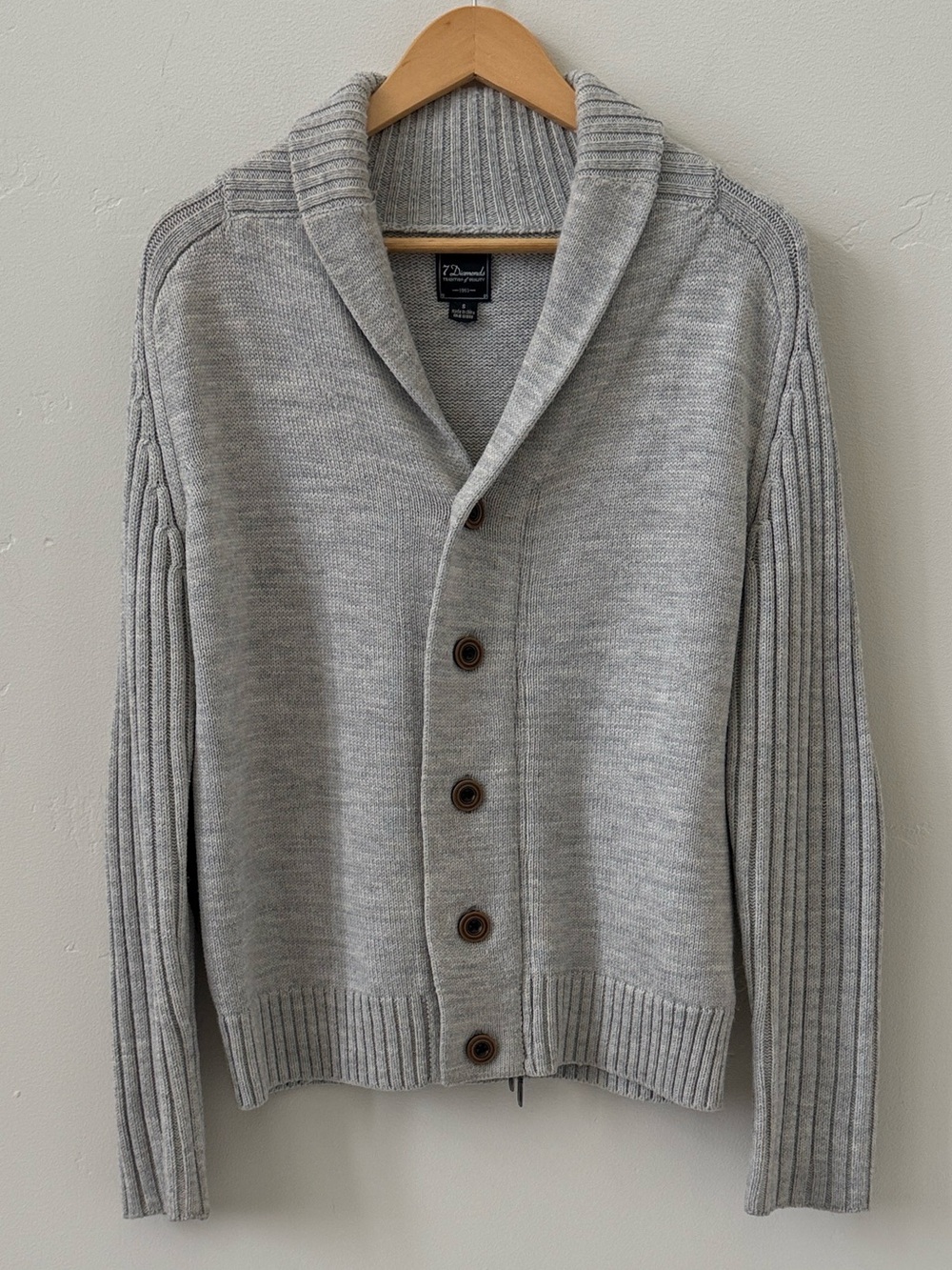 Grandpa Cardigan Elbow Patches 7 Diamonds Sweater Thick Knit Gray Zip Button S